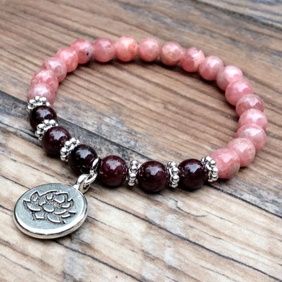 Rhodochrosite bracelet with Lotus charm, Garnet, healing bracelet, pink bracelet - Picture 1 of 9